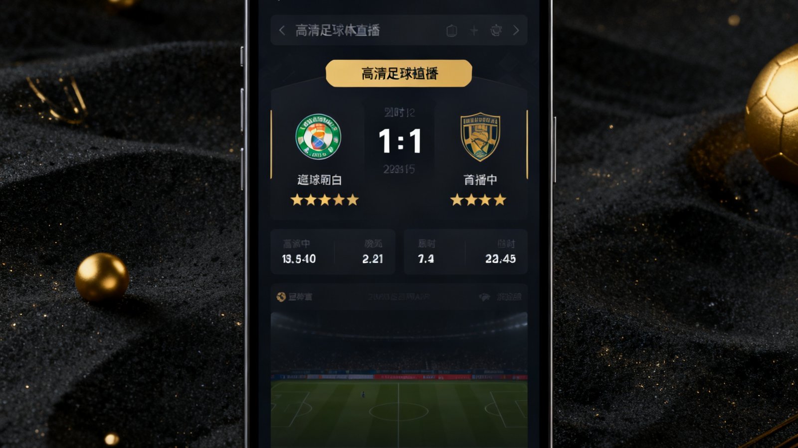 星空体育APP在手机屏幕上展示高清足球赛事直播界面，实时比分数据清晰可见，界面设计现代简洁，深色主题搭配金色点缀